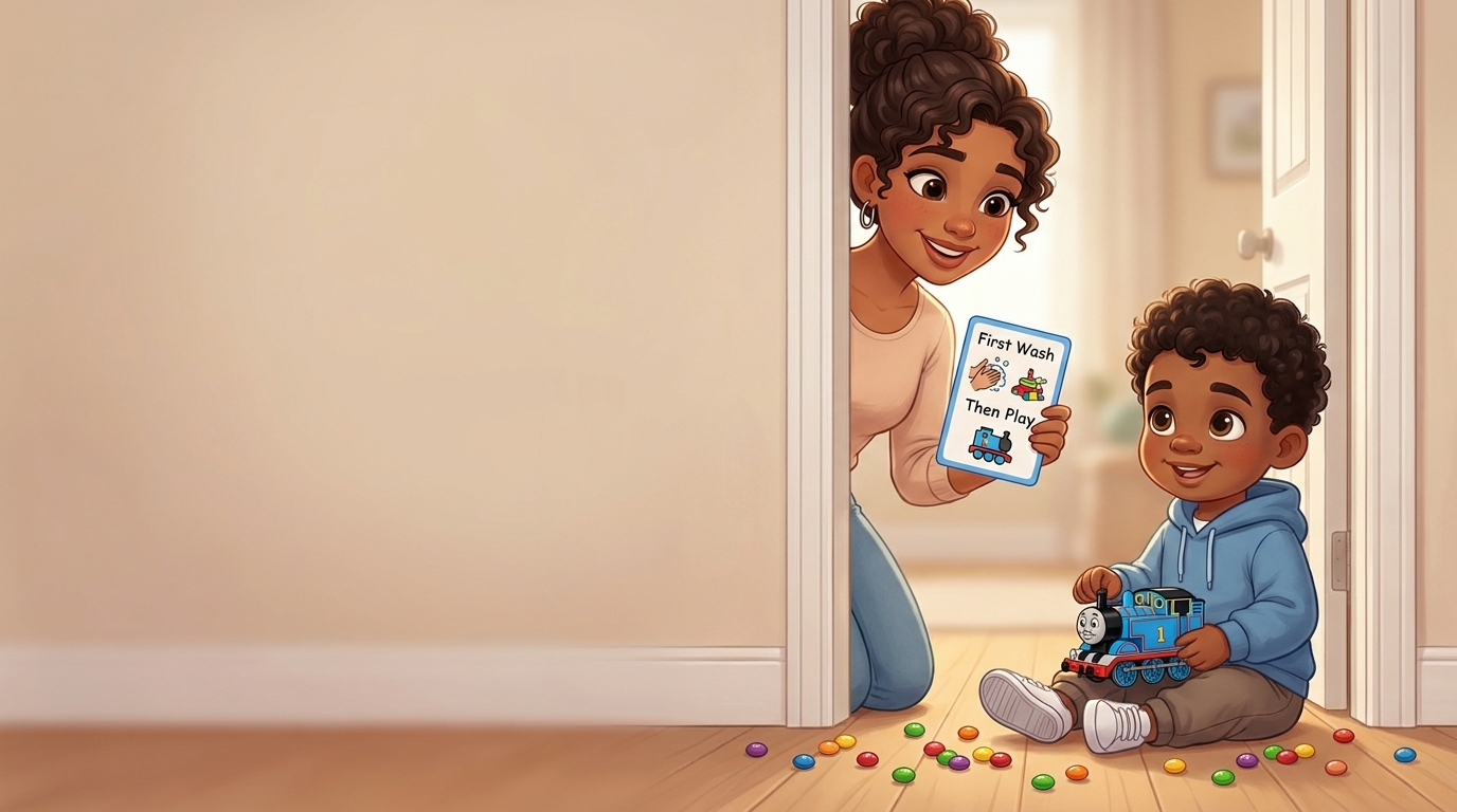 A mother peeking around a door holding a First Wash Then Play visual card, while her toddler plays with a toy train on the floor