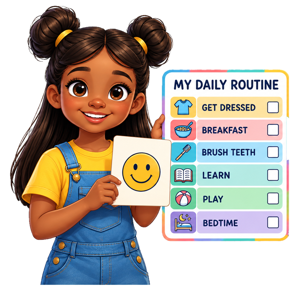 Ava holding a feelings card next to the My Daily Routine chart