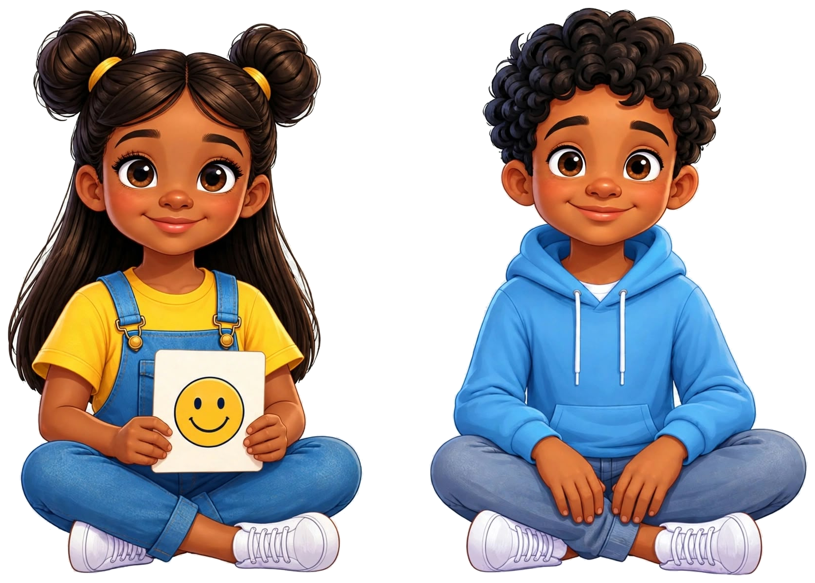 Ava and Milo sitting together, Ava holding a feelings card and Milo sitting cross-legged