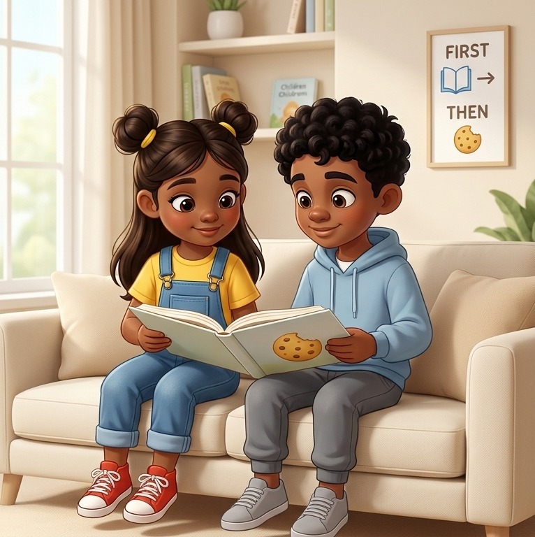 Ava and Milo reading together in a calm reading room