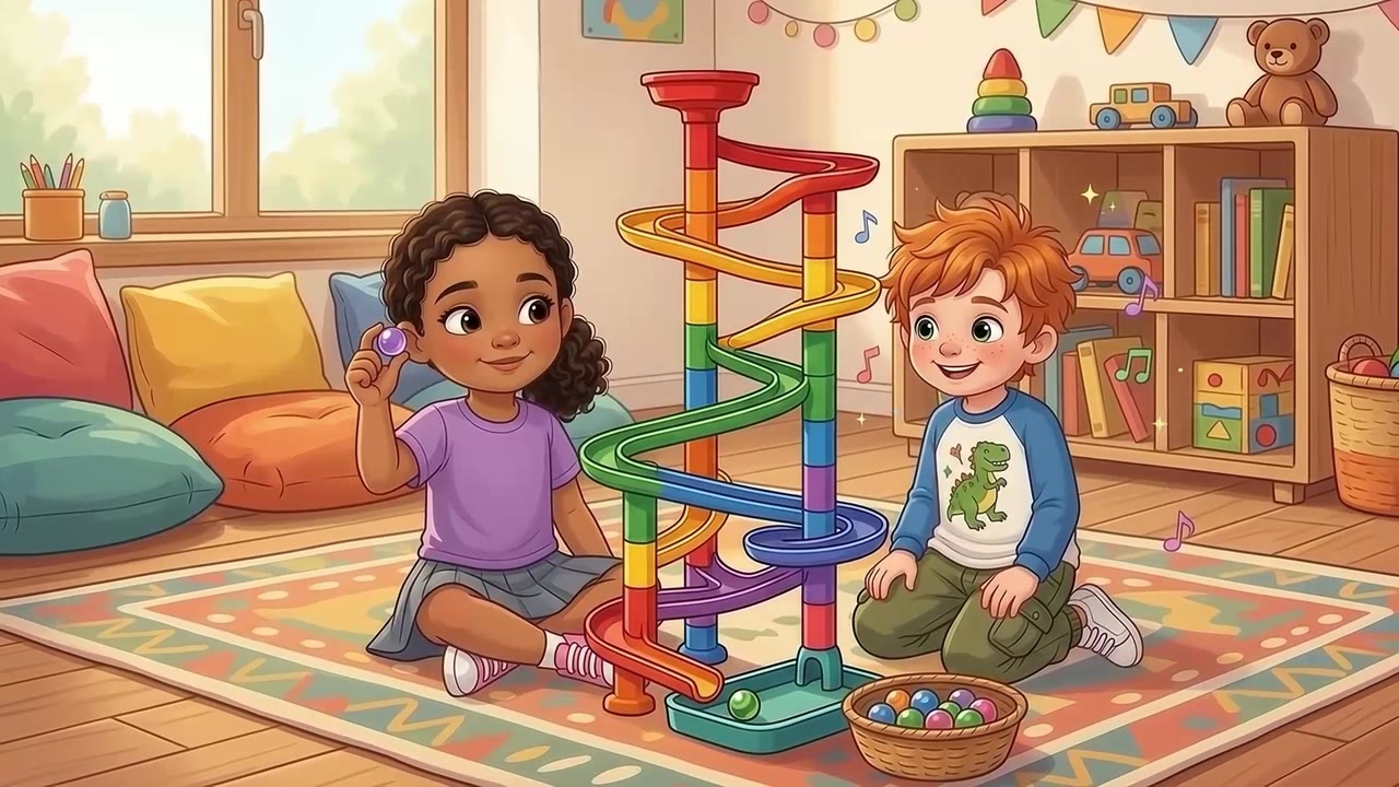 Emma and a friend taking turns on a marble run