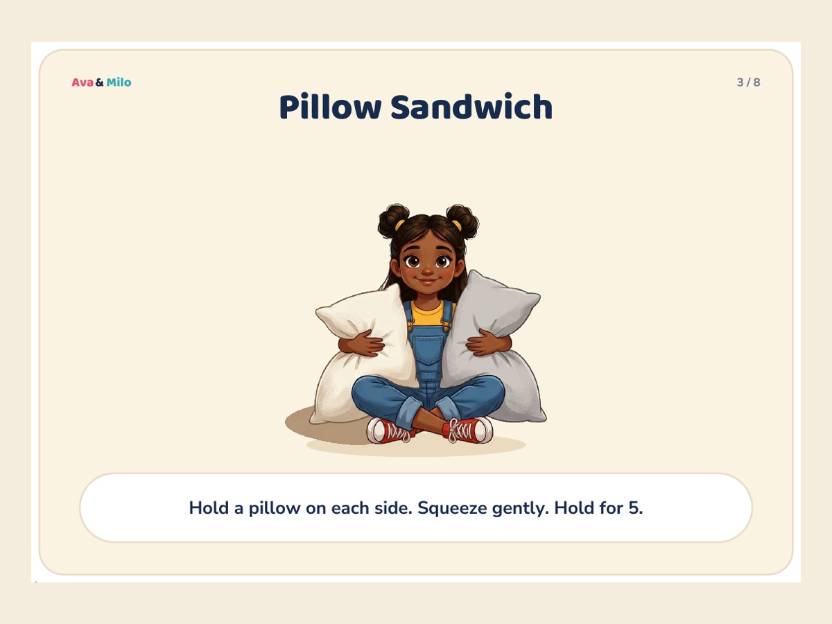 Pillow Sandwich card from the Deep Pressure and Comfort set, showing Ava hugging two pillows