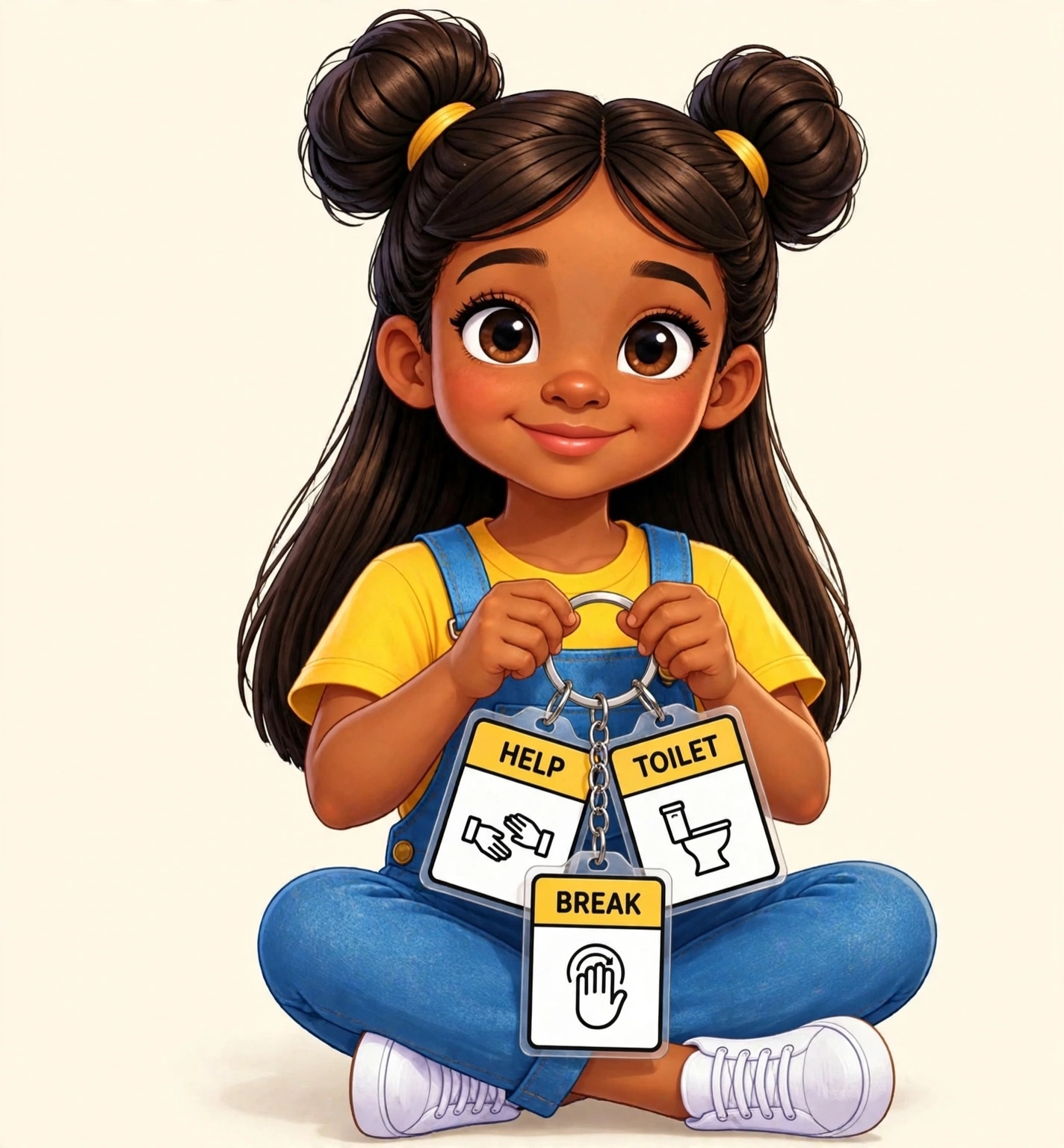 Child holding the Choice Board Keyring with Help, Toilet and Break cards