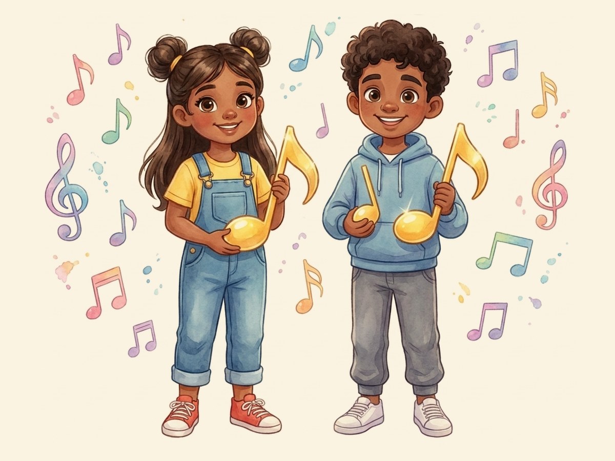 Ava and Milo holding golden music notes